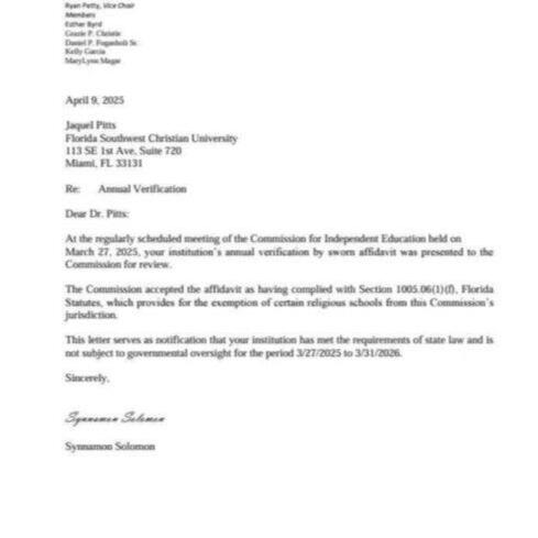 Letter from the Florida State Department of Education